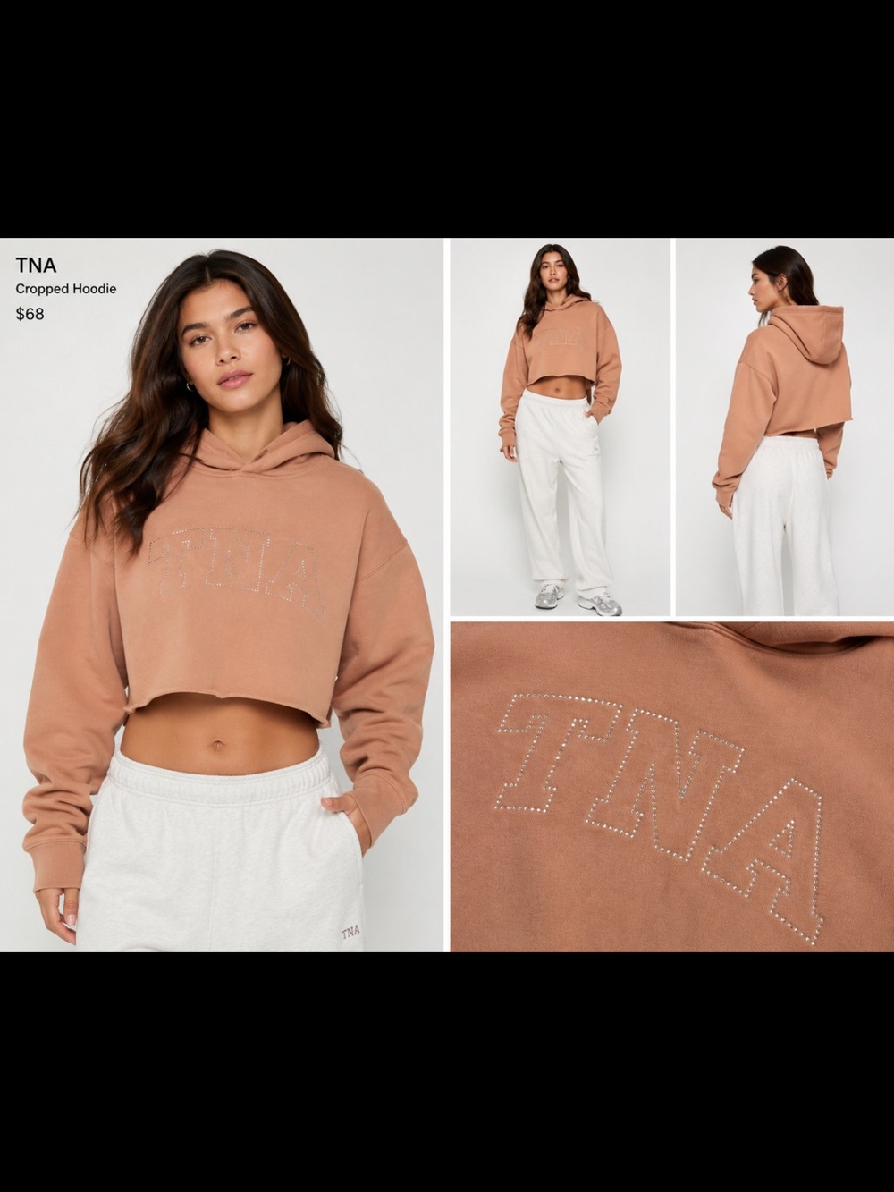 🔥TNA BLING Cropped Hoodie Sweatshirt oversized Light Brown Size Small like new!